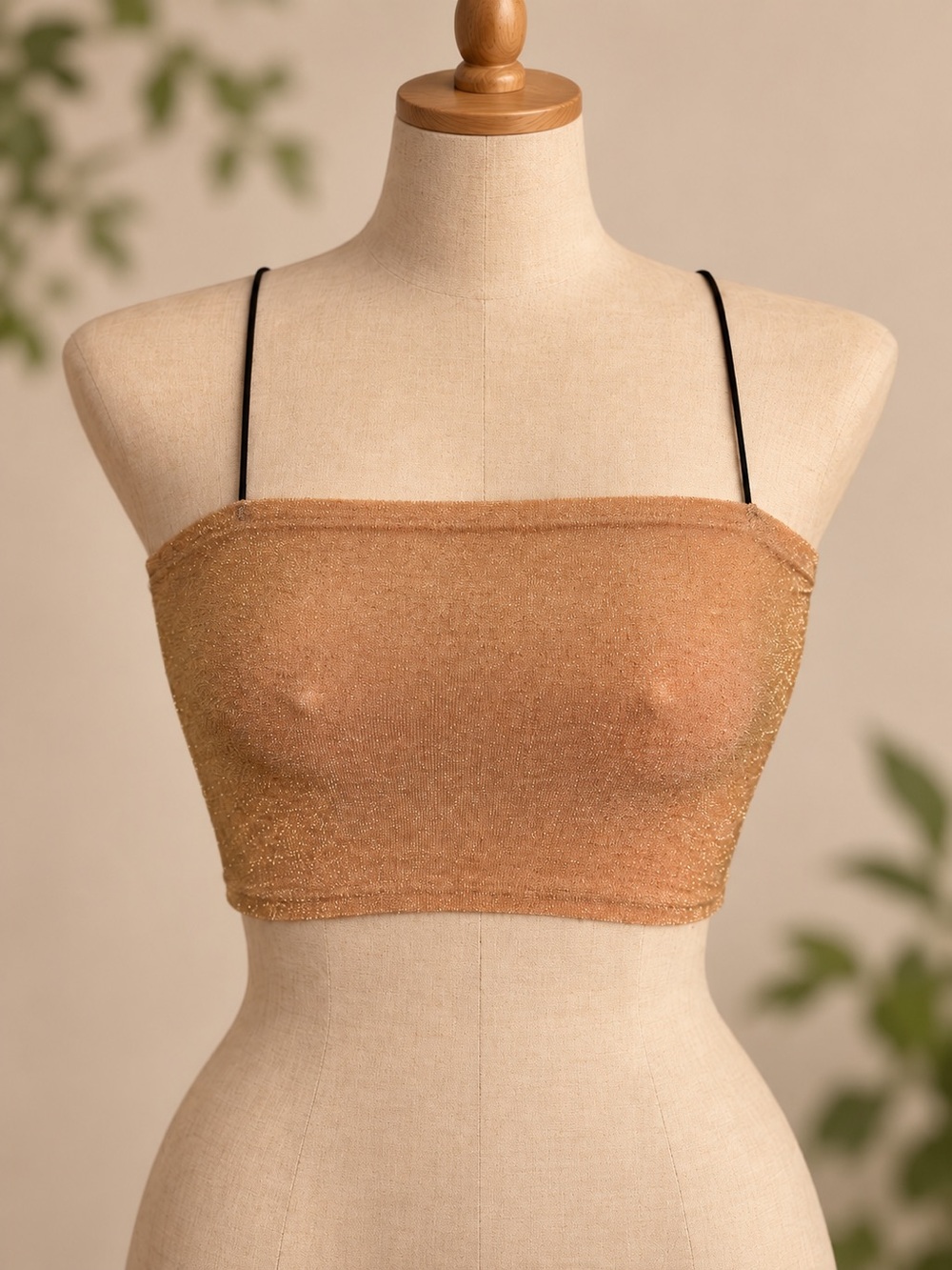 Shimmery Tan Bandeau with Thin Black Straps